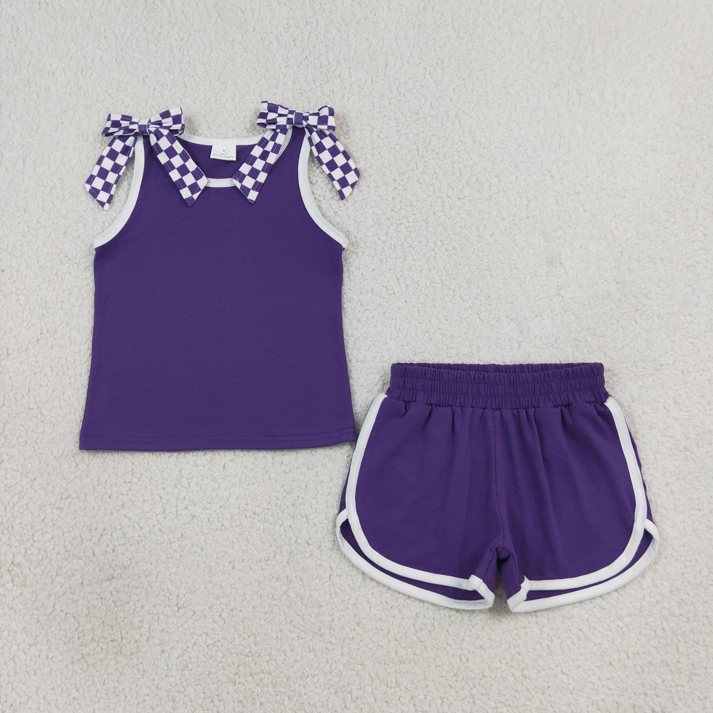 RTS GSSO3814 Purple Bow Tank and Shorts Set for Girls Checkered Bow Straps Contrast Trim Summer Activewear