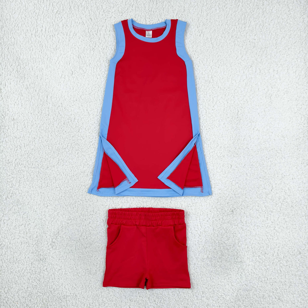 NO MOQ RTS GSSO3846 Yoga Bundle Baby Girl Clothes Red Light Blue Color Block Solid Print Sleeveless Dress Short Set 202610
