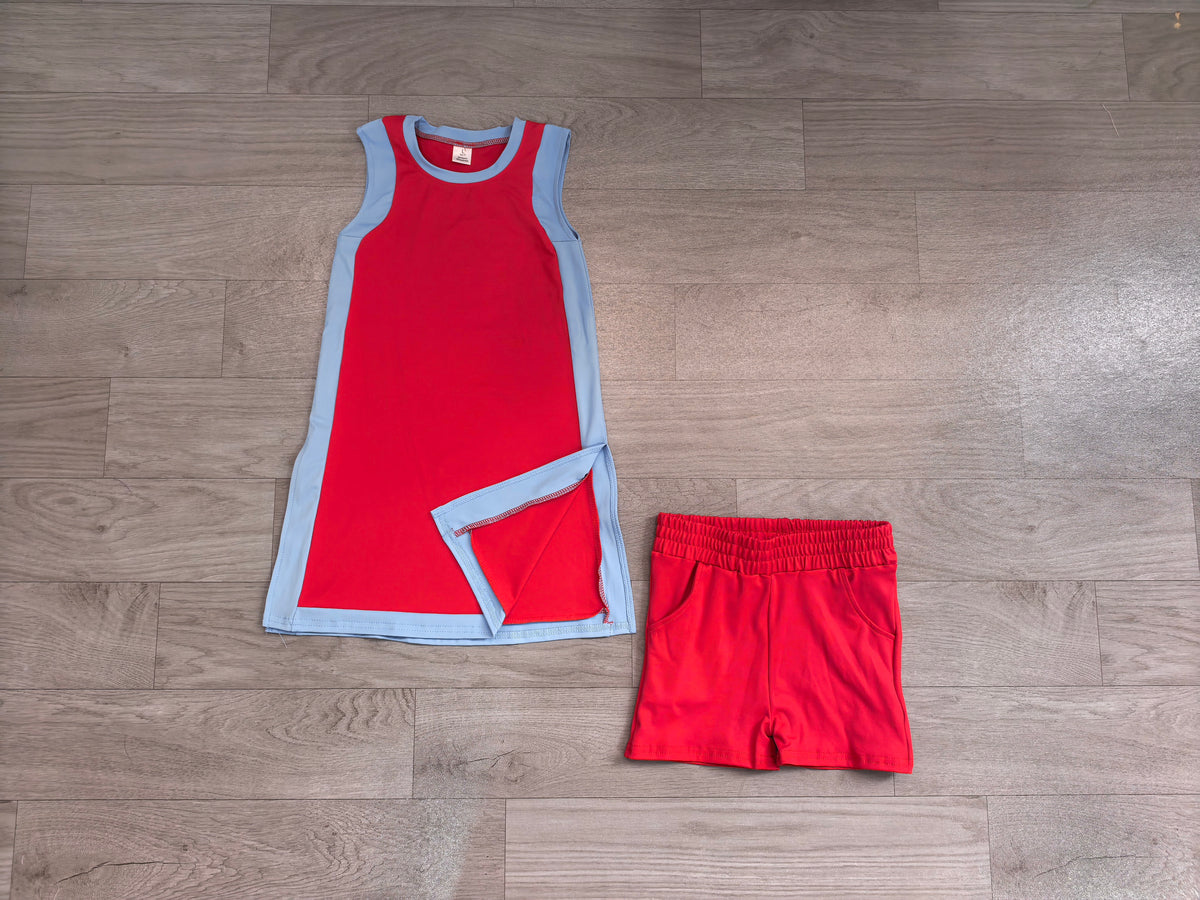 NO MOQ Sample-Real Pics preorder Pre-order GSSO3846 red yoga solid cotton dress with shorts girl outfit set