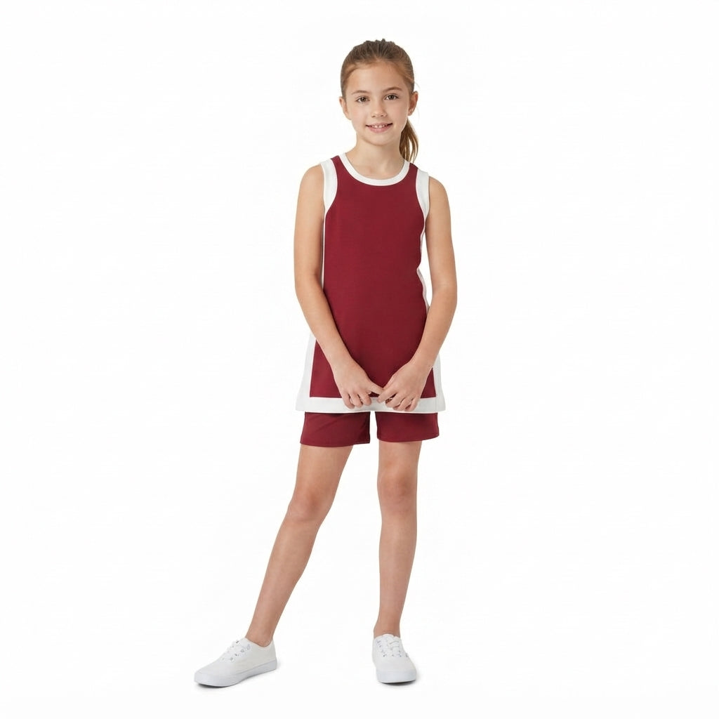 NO MOQ RTS GSD4257(1)-yoga Baby Girl Clothes Red White Color Block Solid Print Sleeveless Basketball Dress 202610