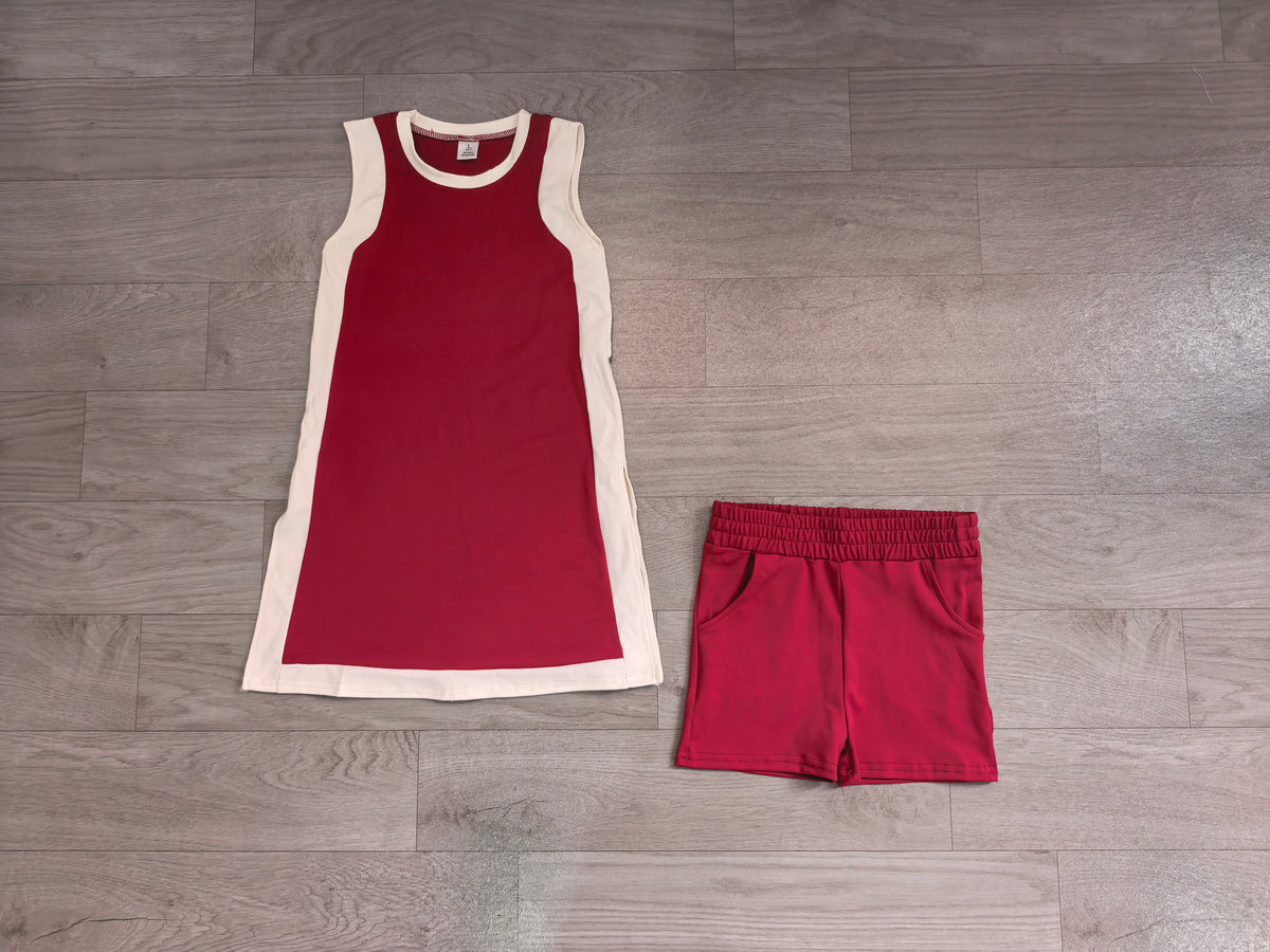NO MOQ Sample-Real Pics preorder Pre-order GSSO3848 maroon yoga solid cotton dress with shorts girl outfit set