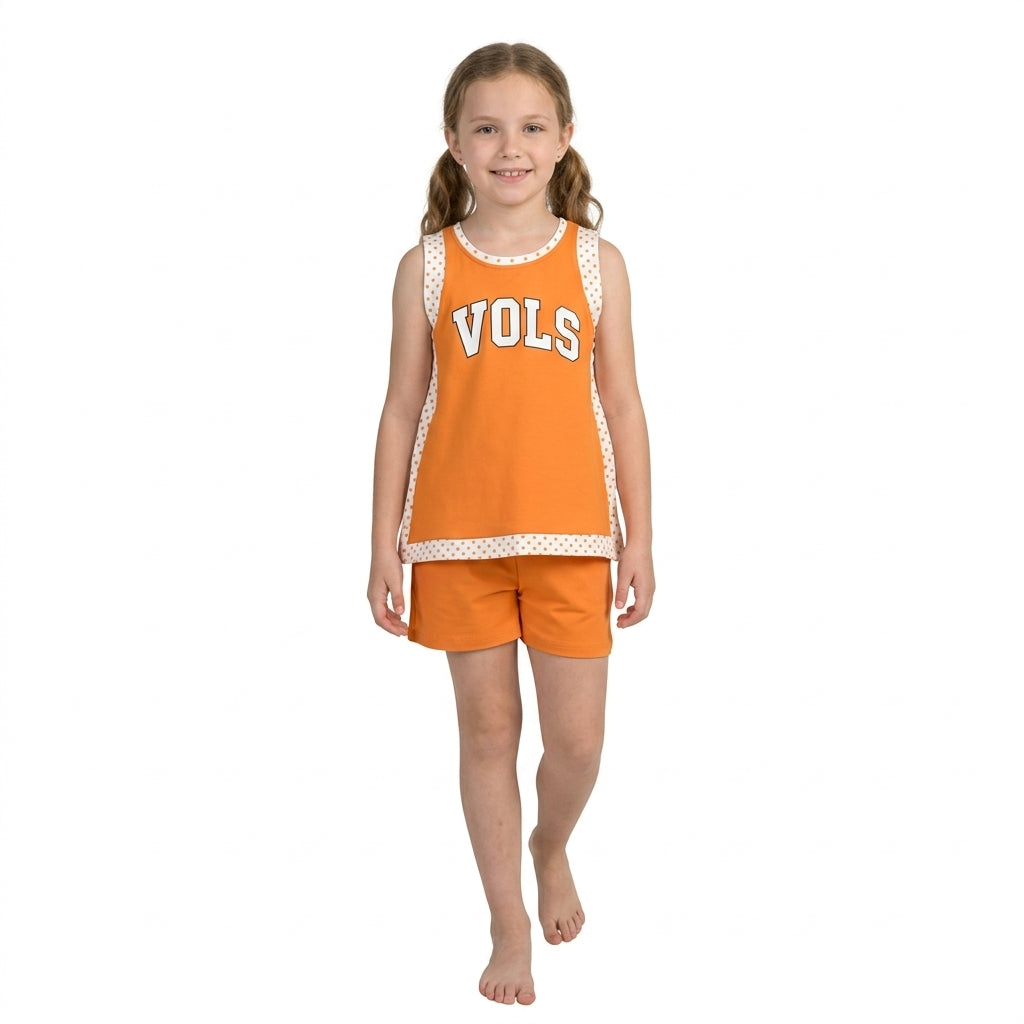 NO MOQ RTS GSSO3852-vinyl-yoga-bundle Baby Girl Clothes Orange Polka Dot Letter Graphic Print Sleeveless Top Short Pant Set 202610