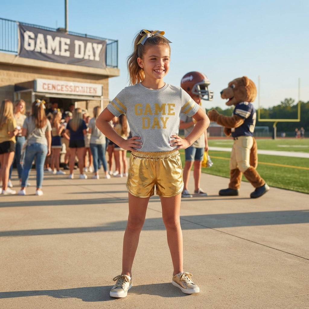 NO MOQ RTS GSSO3872-vinyl-bundle Baby Girl Clothes Yellow Game Day Letter Graphic Print Short Sleeve Top Metallic Short Pant Set 202610