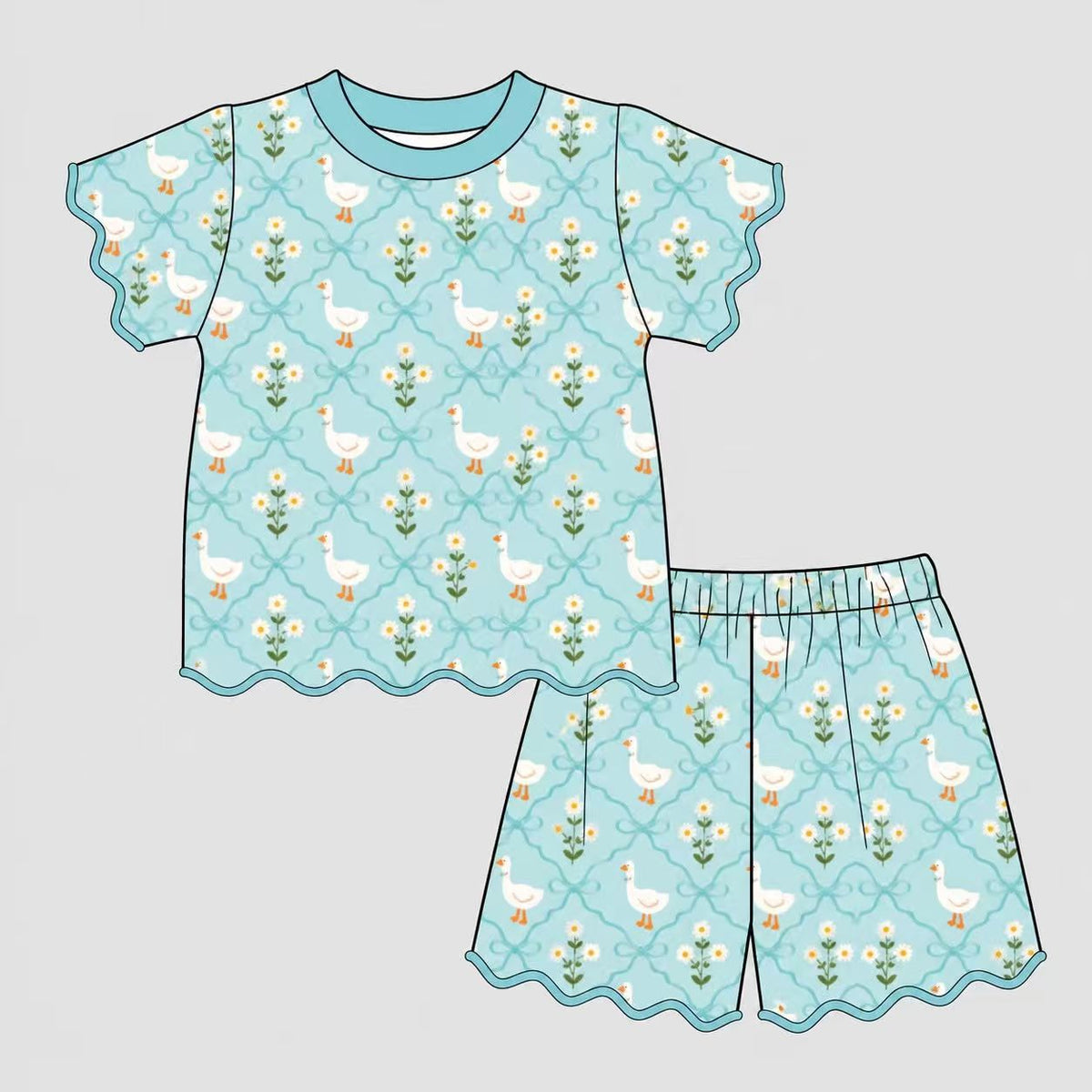 Preorder (moq 5) GSSO3878 Baby Girl Clothes Cute Bunny Print Short Sleeve Scallop Short Set