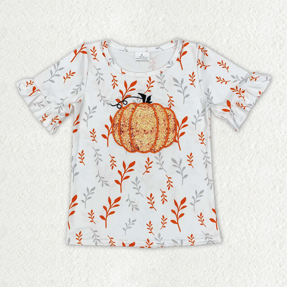 GT0824 orange sequin Pumpkin embroidery long sleeve top girl pullover 202409