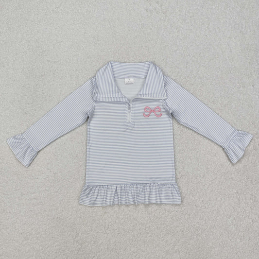 GT0886 embroidery blue bow  long sleeve top girl pullover 202412 RTS