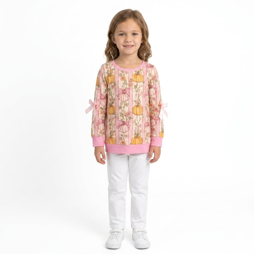 NO MOQ RTS GT1659 Baby Girl Clothes Pumpkin Bow Stripe Print Long Sleeve Top