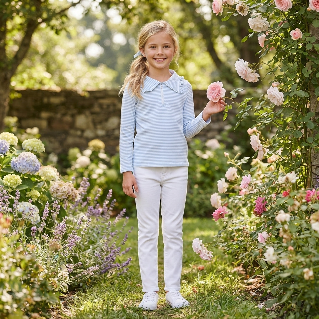 NO MOQ RTS GT1755 Baby Girl Clothes Blue White Striped Simple Print Long Sleeve Zipper Polo Shirt 202609
