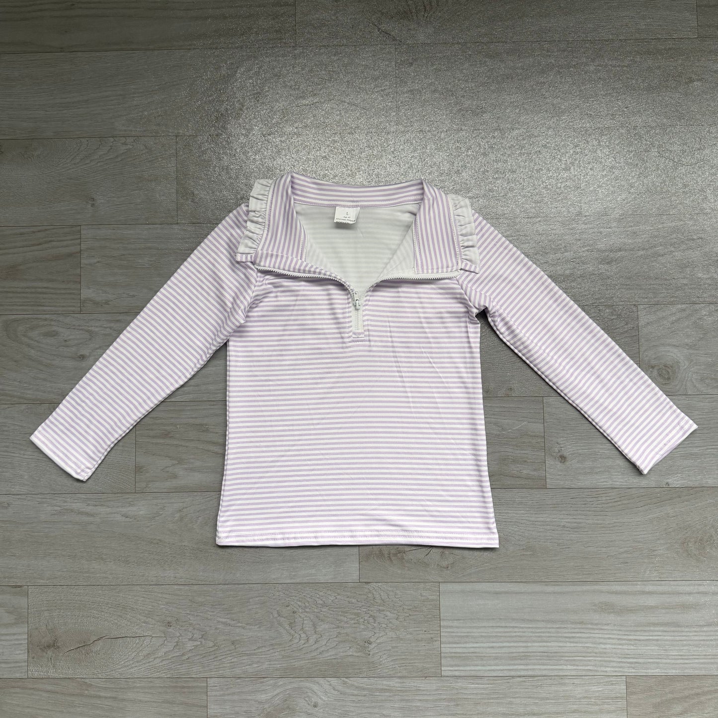 RTS GT1758 Lavender Stripe Ruffle Collar Half Zip Girls Top 202608