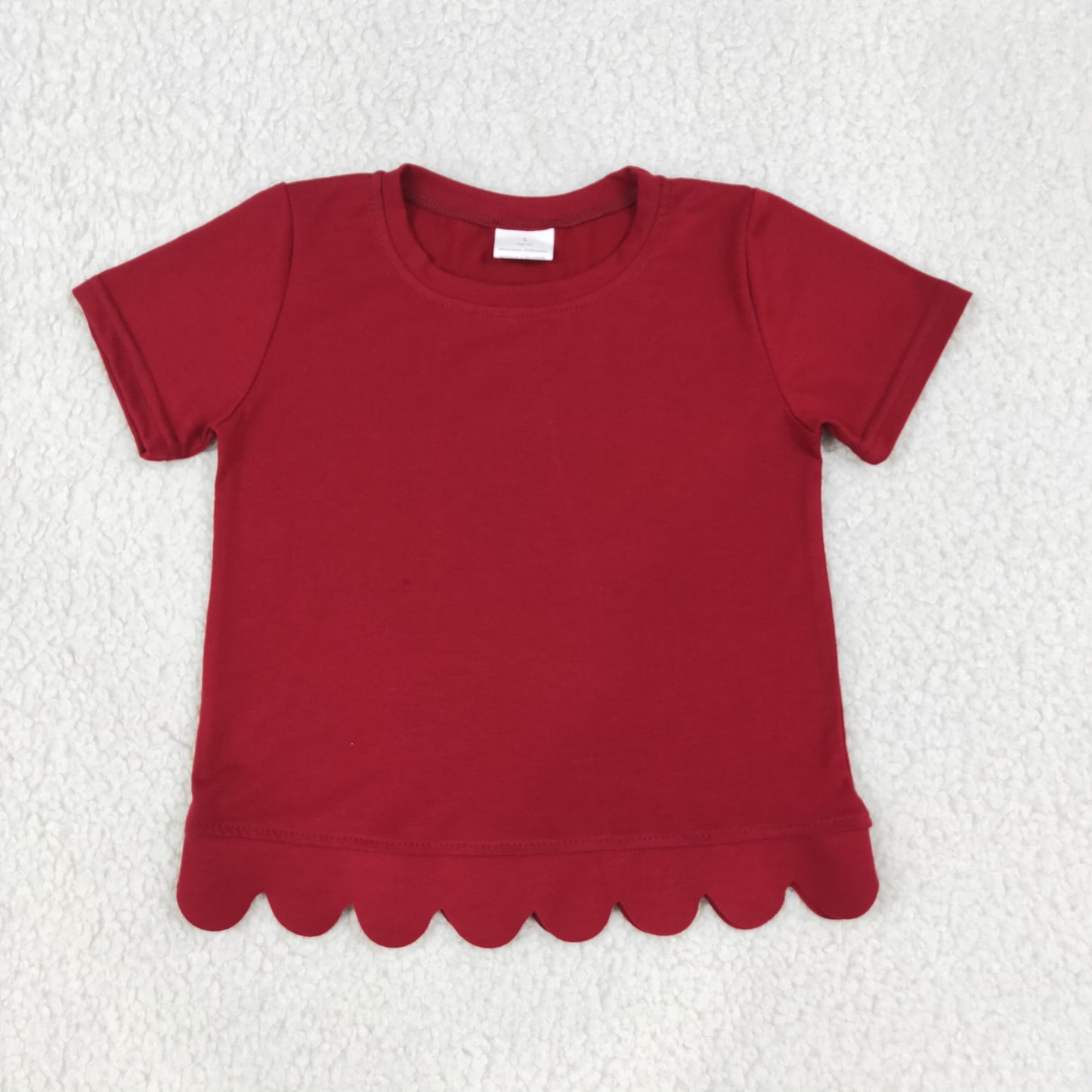 RTS GT1774 RED Scallop Hem Girls Top – Short Sleeve Wavy Trim Ribbed Tee, Everyday Summer Casual Shirt