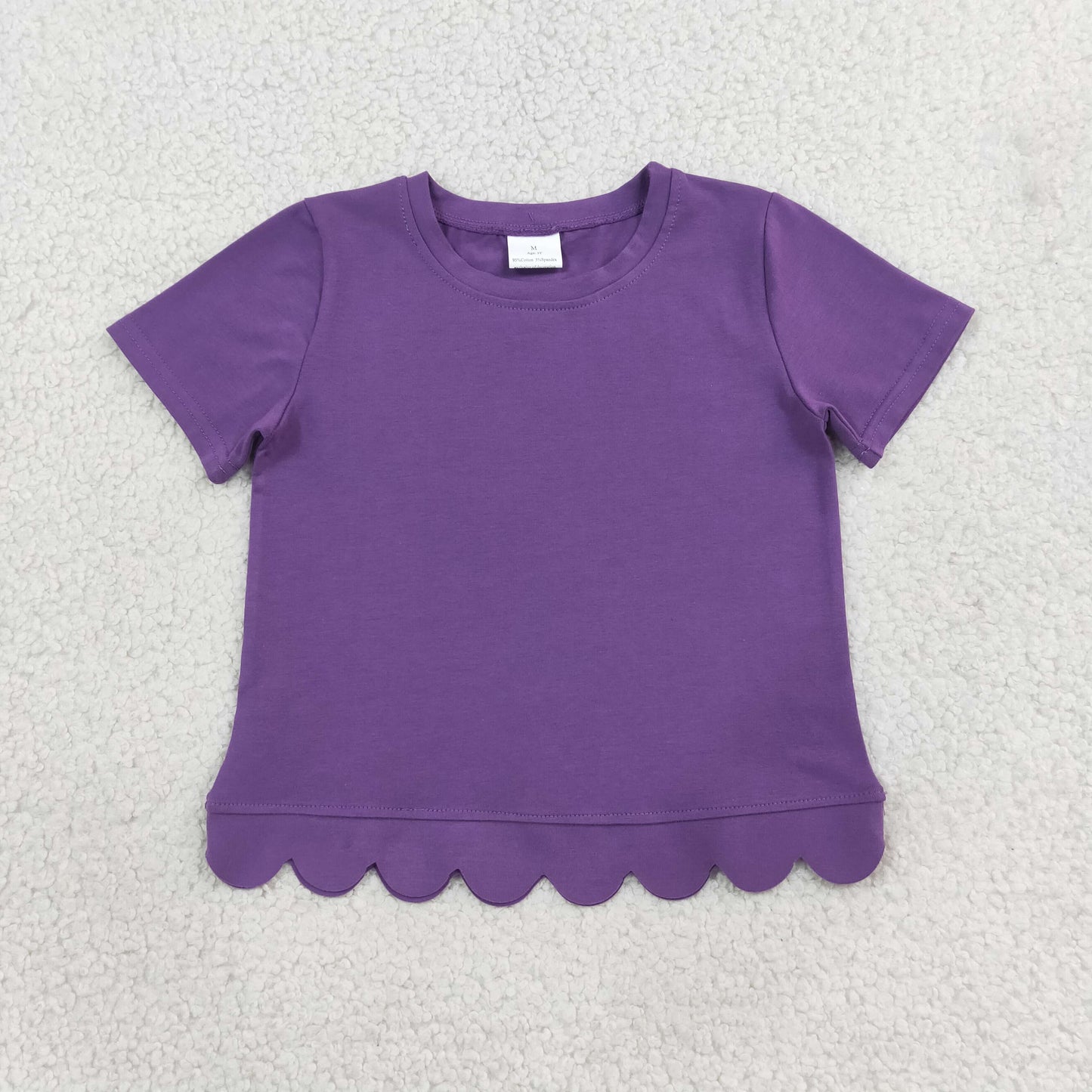 RTS GT1776 Purple Scallop Hem Girls Top – Short Sleeve Wavy Trim Ribbed Tee, Everyday Summer Casual Shirt