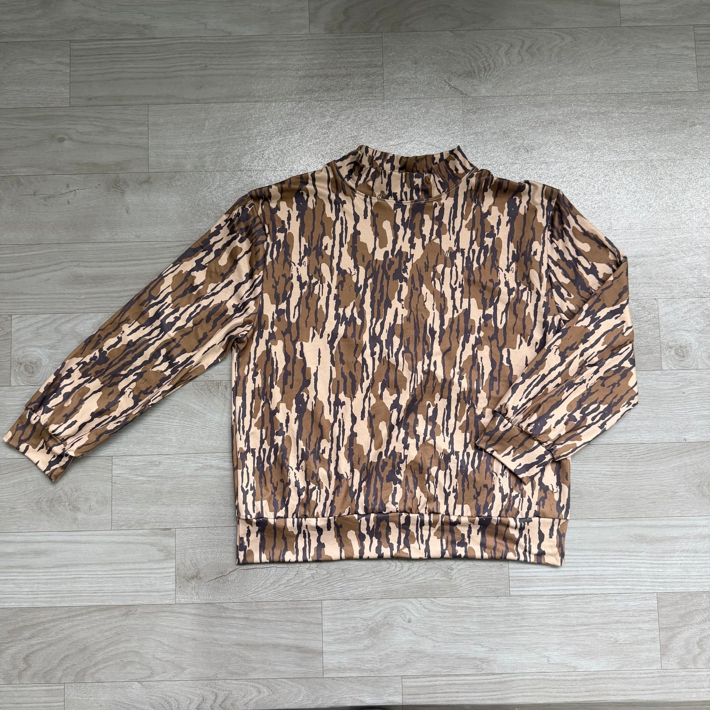 RTS GT1815 Brown Abstract Camo Print Mock Neck Women Athletic Yoga Long Sleeve Top 202608
