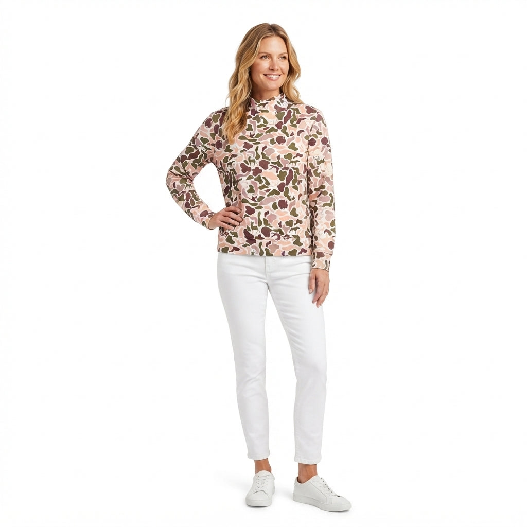 NO MOQ RTS GT1818-yoga women Clothes Deer Hunting Camo Print Long Sleeve Mock Neck Tee Top 202609
