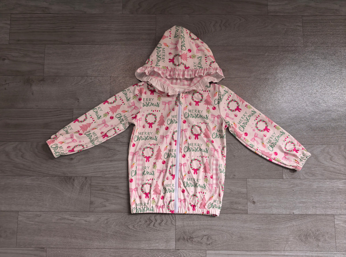 Sample-Real Pics GT1822 Baby Girl Clothes Christmas Tree Letter Mixed Print Long Sleeve Zip Hooded Jacket