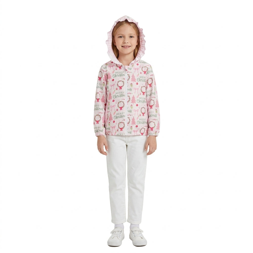 NO MOQ RTS GT1822 (2) Baby Girl Clothes Christmas Wreath Tree Allover Print Long Sleeve Ruffle Hooded Zip Jacket 202610