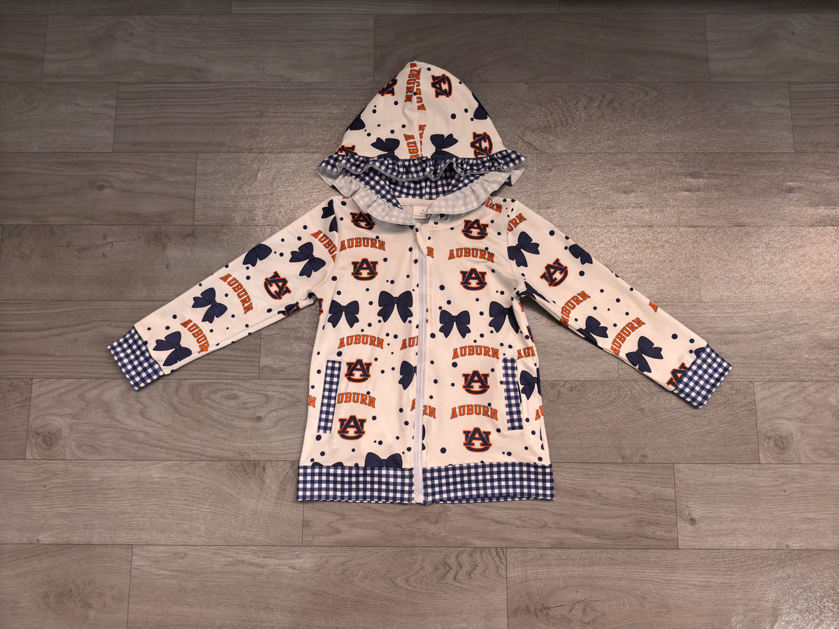 Sample-Real Pics GT1825 Baby Girl Clothes Auburn Logo Bow Dot Print Long Sleeve Hooded Zip Jacket