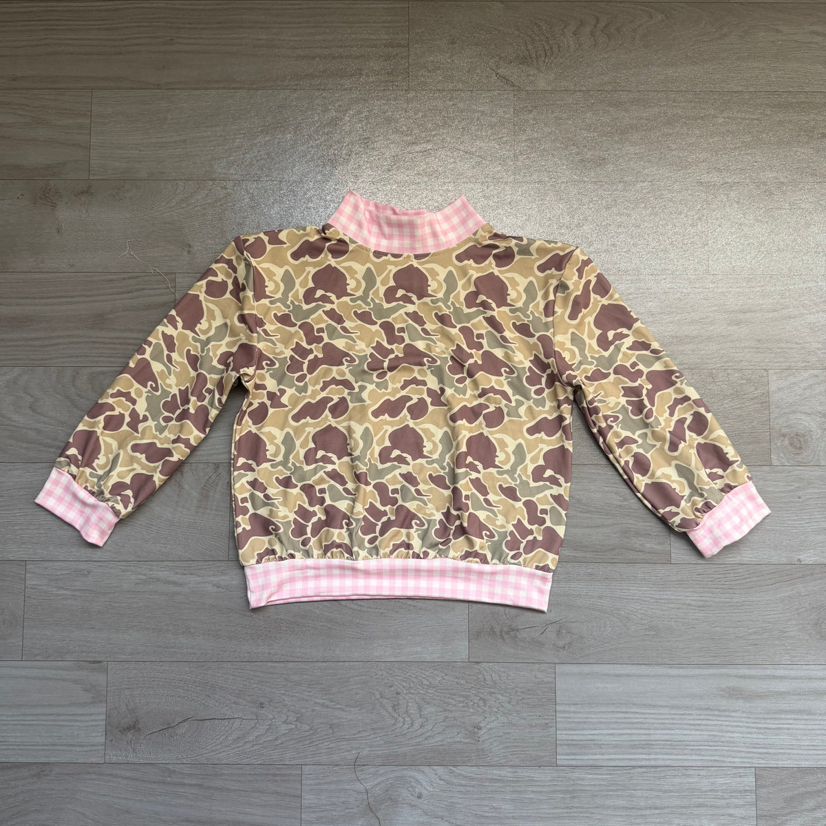 Sample-Real Pics GT1841 Baby Girl Clothes Duck Camo Pink Gingham Contrast Print Long Sleeve Mock Neck Sweatshirt