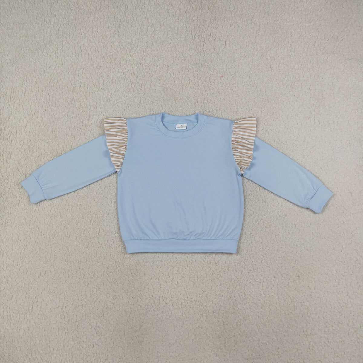 NO MOQ RTS Baby Girl Clothes Solid Light Blue Stripe Ruffle Spliced Print Long Sleeve 202609