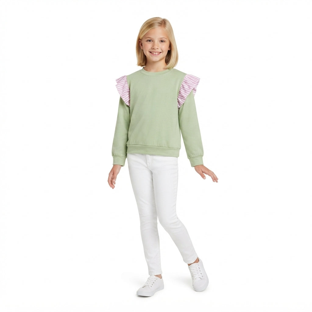 NO MOQ RTS GT1847 Baby Girl Clothes Solid Light Green Plain Print Long Sleeve Pink Striped Ruffle Shoulder Top 202610