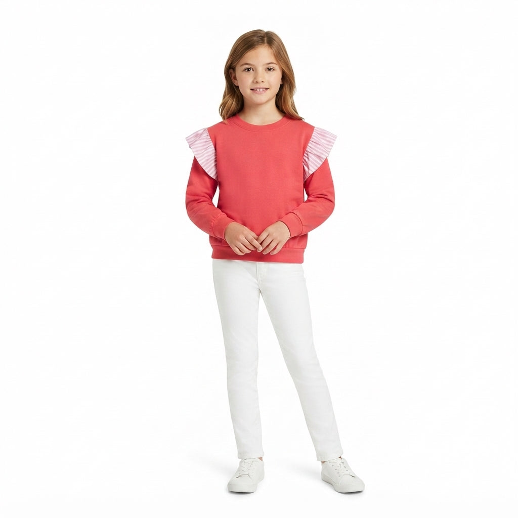 NO MOQ RTS GT1848 Baby Girl Clothes Solid Red Plain Long Sleeve Striped Ruffle Shoulder Top 202610