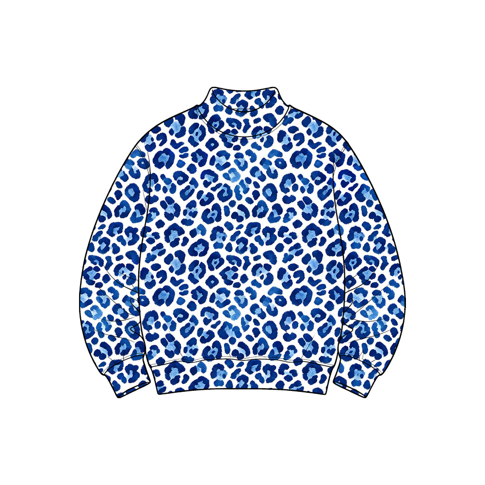 Preorder GT1912 Blue Leopard Print Yoga Pullover for Women Stretch Mock Neck Long Sleeve Active Top
