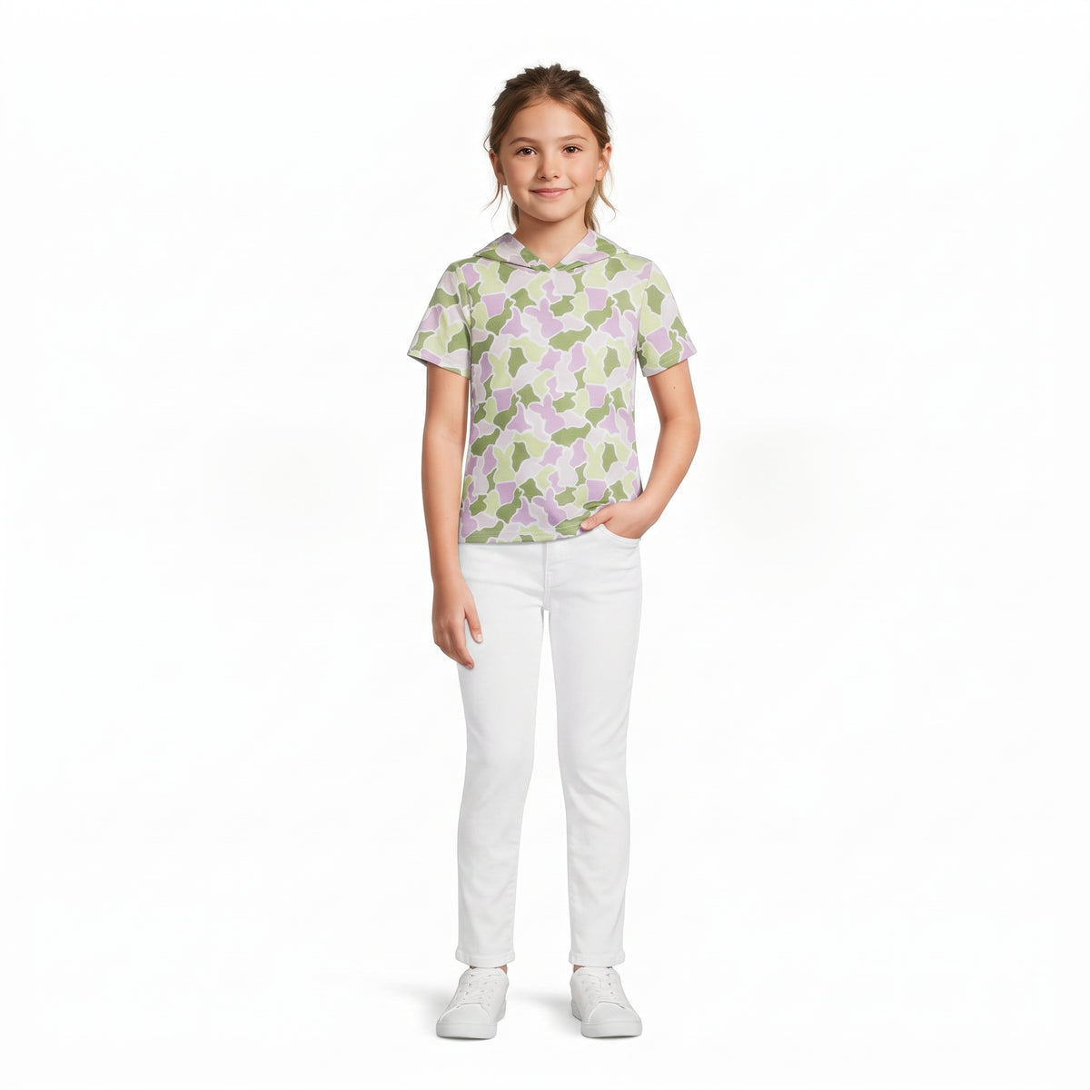 NO MOQ RTS GT1918 Baby Girl Clothes Easter Bunny Camo Print Short Sleeve Hooded Tee Top 202610