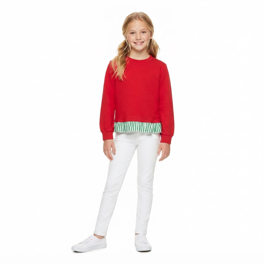 NO MOQ RTS GT1935 (2) Baby Girl Clothes Solid Red Plain Print Long Sleeve Green Striped Ruffle Hem Sweatshirt 202610