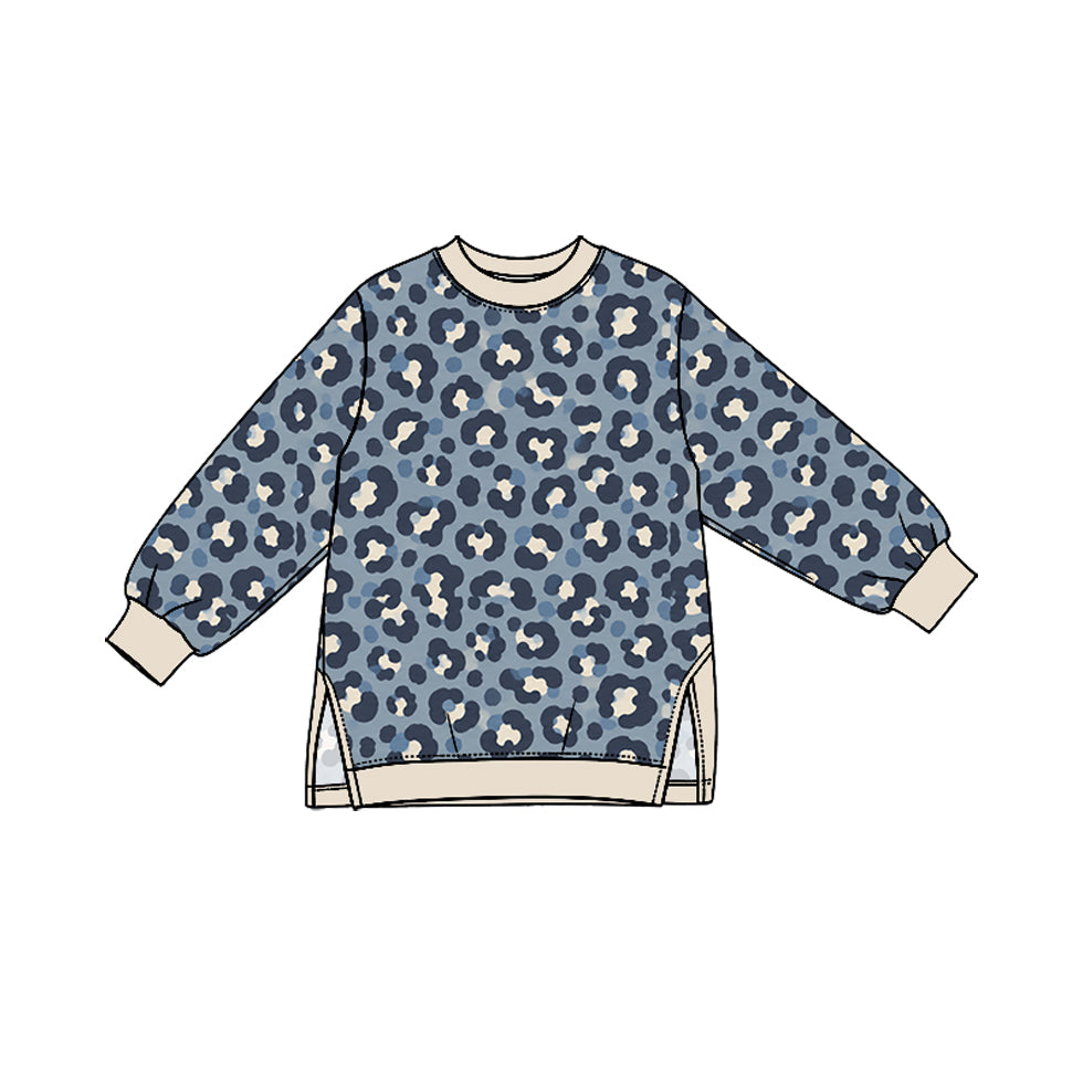 Preorder (moq 5) GT1961 Baby Girl Clothes Blue Leopard Print Long Sleeve Side Slit Tunic Sweatshirt
