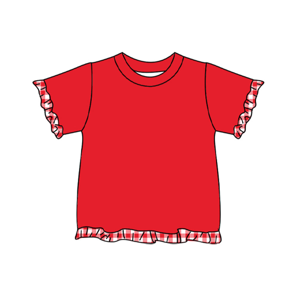 Preorder (moq 5) GT1973 Baby Girl Clothes Solid Red Ruffle Trim Short Sleeve Tee Shirt Top