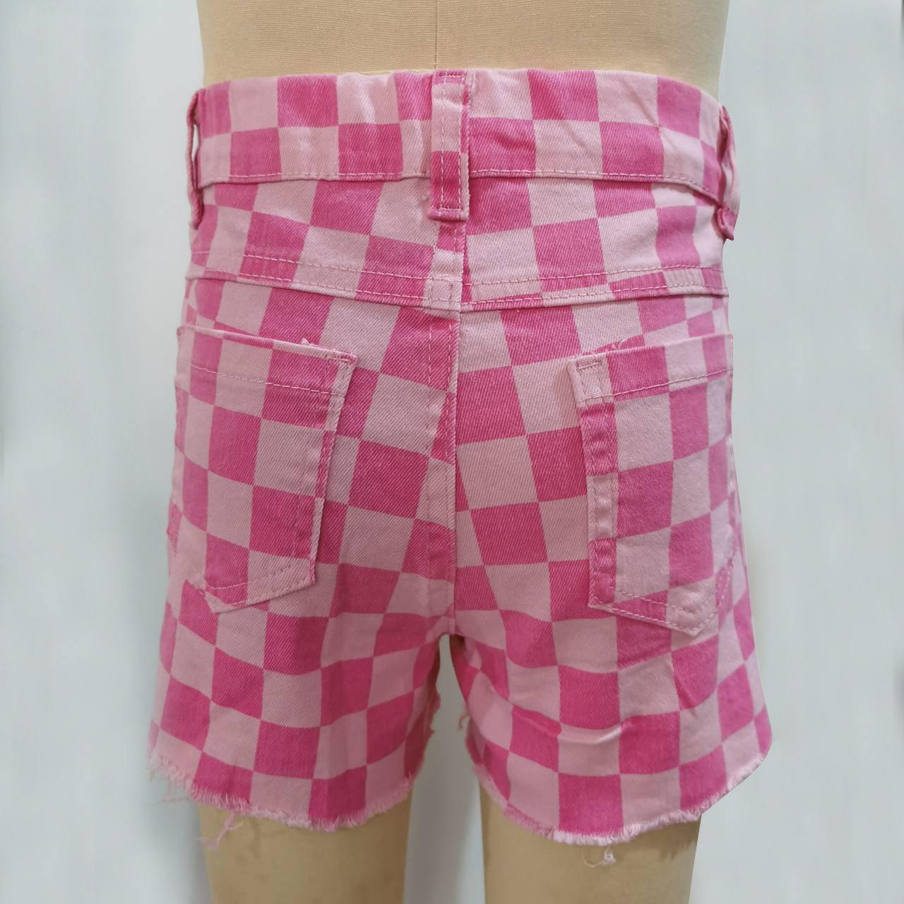 SS0092 girl button casual ripped plaid pink girl denim shorts RTS Free shipping order $100+