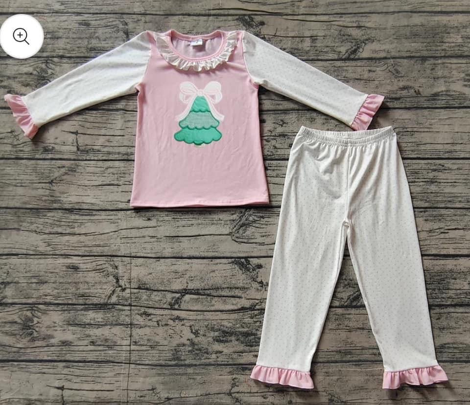 GLP1628 embroidery Christmas tree bow girl cotton pajamas outfit 202409 RTS sibling