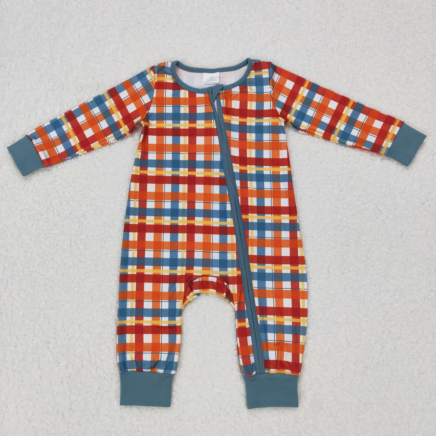 LR0622 RTS western plaid long sleeve blue zip boy romper 20231010