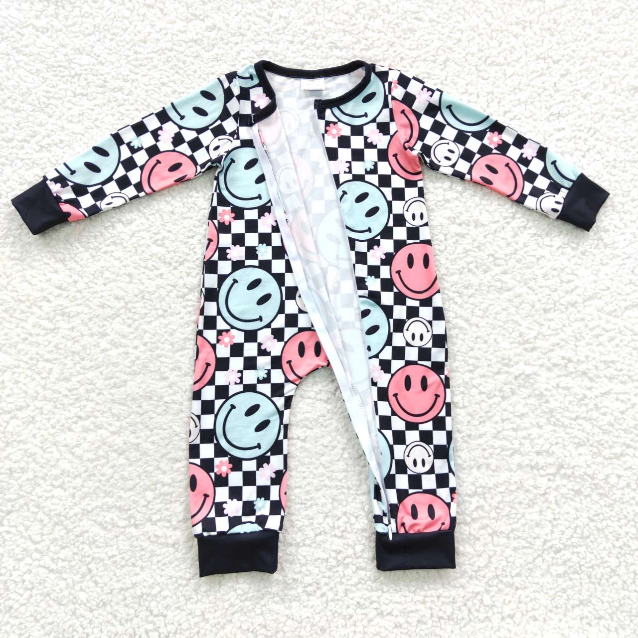 LR0304 smile face checkerboard long sleeve girl romper 20230526 RTS