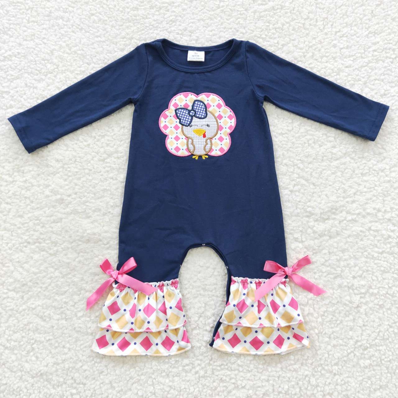 LR0326 embroidery thanksgiving turkey long sleeve girl romper 202409 RTS