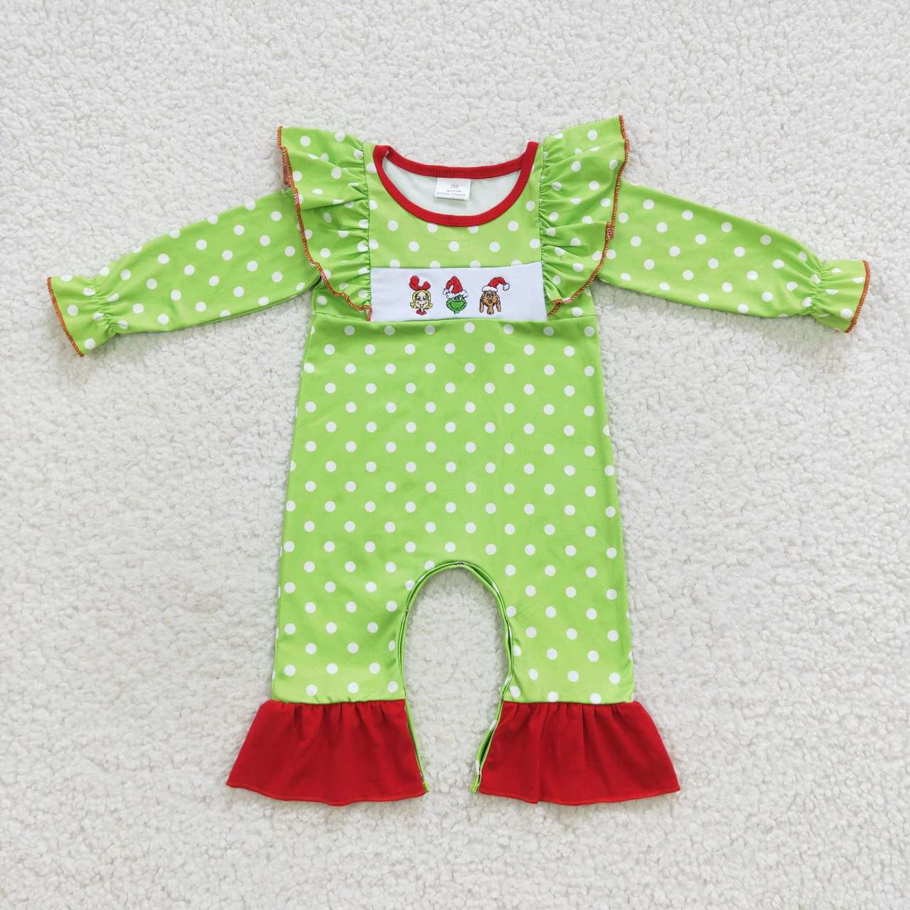 LR0387 embroidery RTS western cartoon grinch girl long sleeve boy zipper romper 20230810