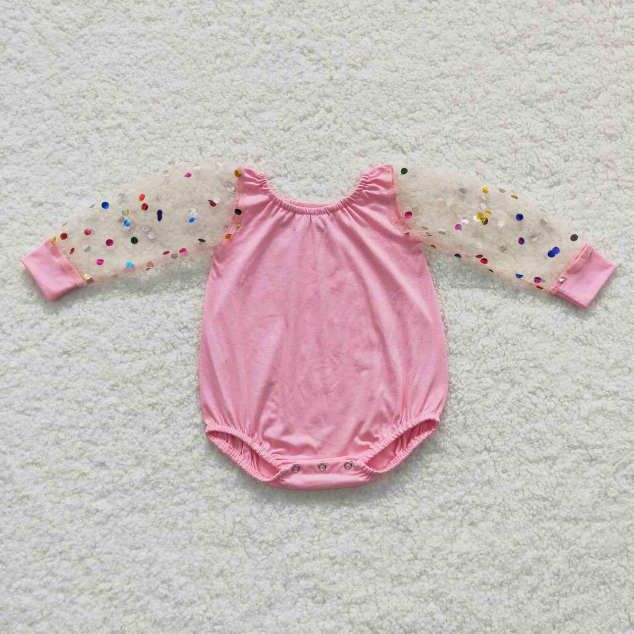 LR0466 RTS sequin tulle pink long sleeve girl bubble romper 202230731