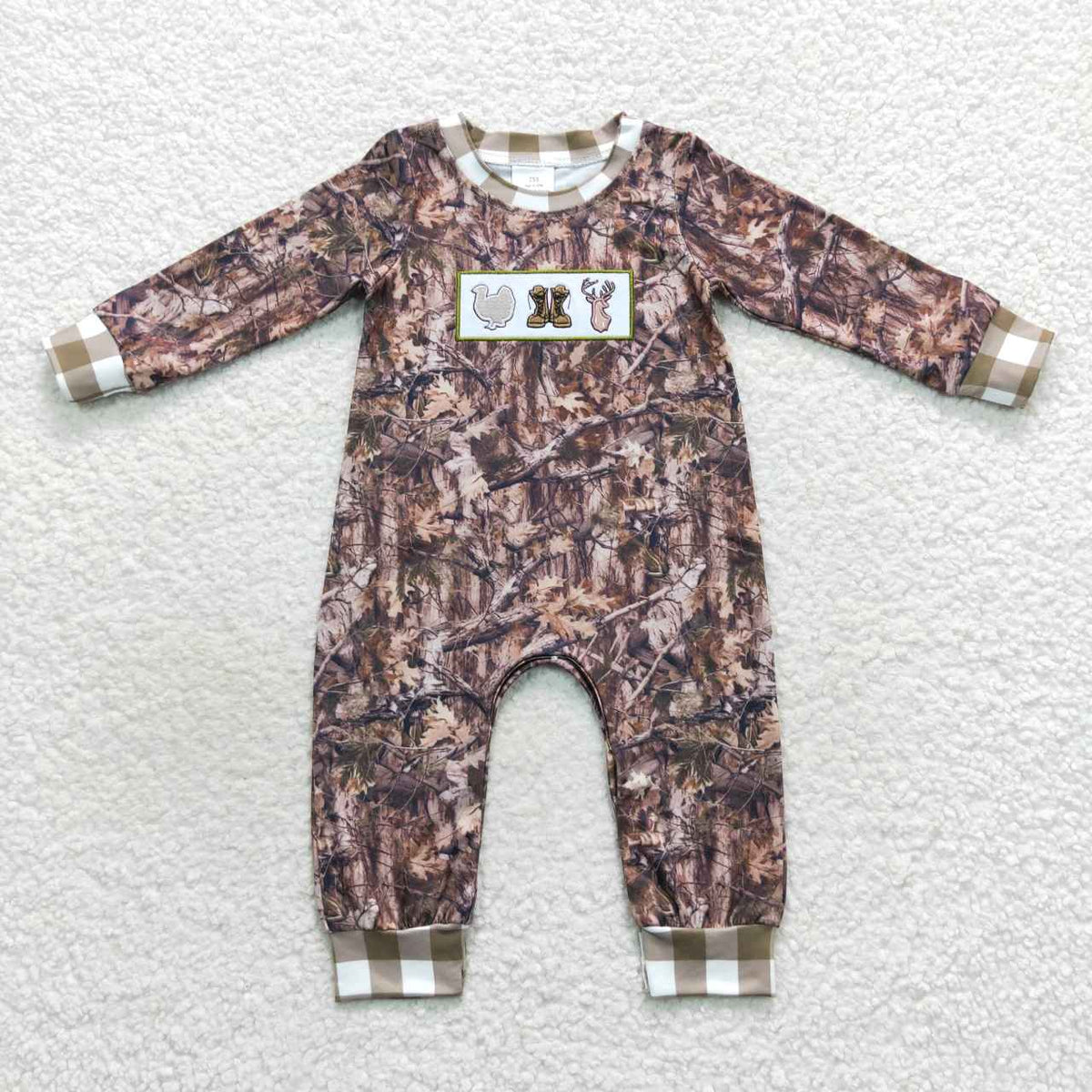 NO MOQ RTS LR0527 Baby Boy Clothes Camo Hunting Animal Embroidery Long Sleeve Romper Jumpsuit 202610