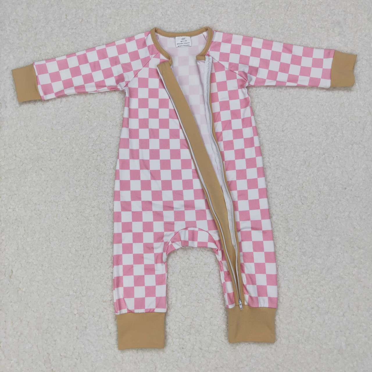 LR0731 RTS checkerboard pink long sleeve blue zip girl romper 20231010