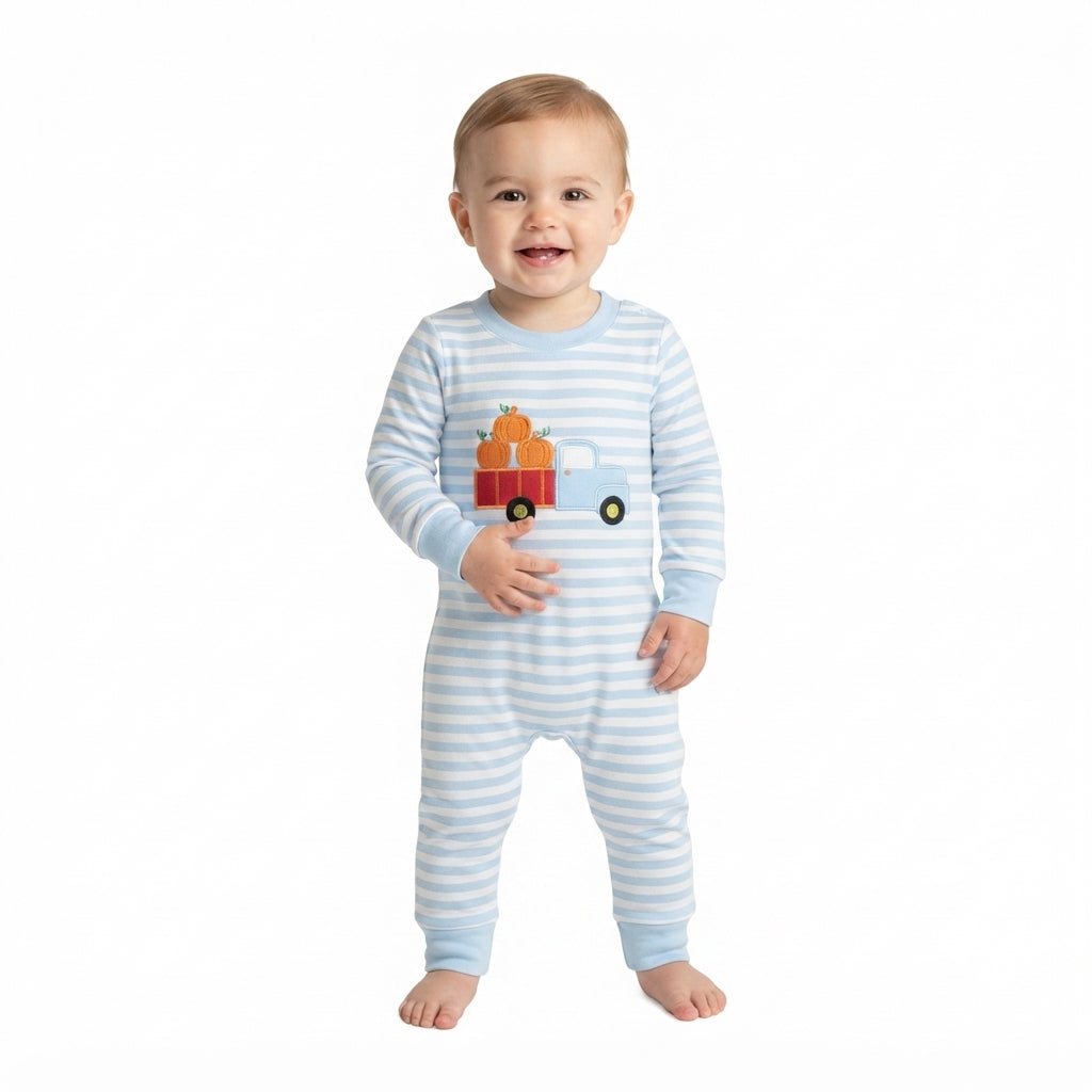 NO MOQ RTS LR1023-embroidery (2) Baby Boy Clothes Pumpkin Truck Applique Striped Print Long Sleeve Romper 202609