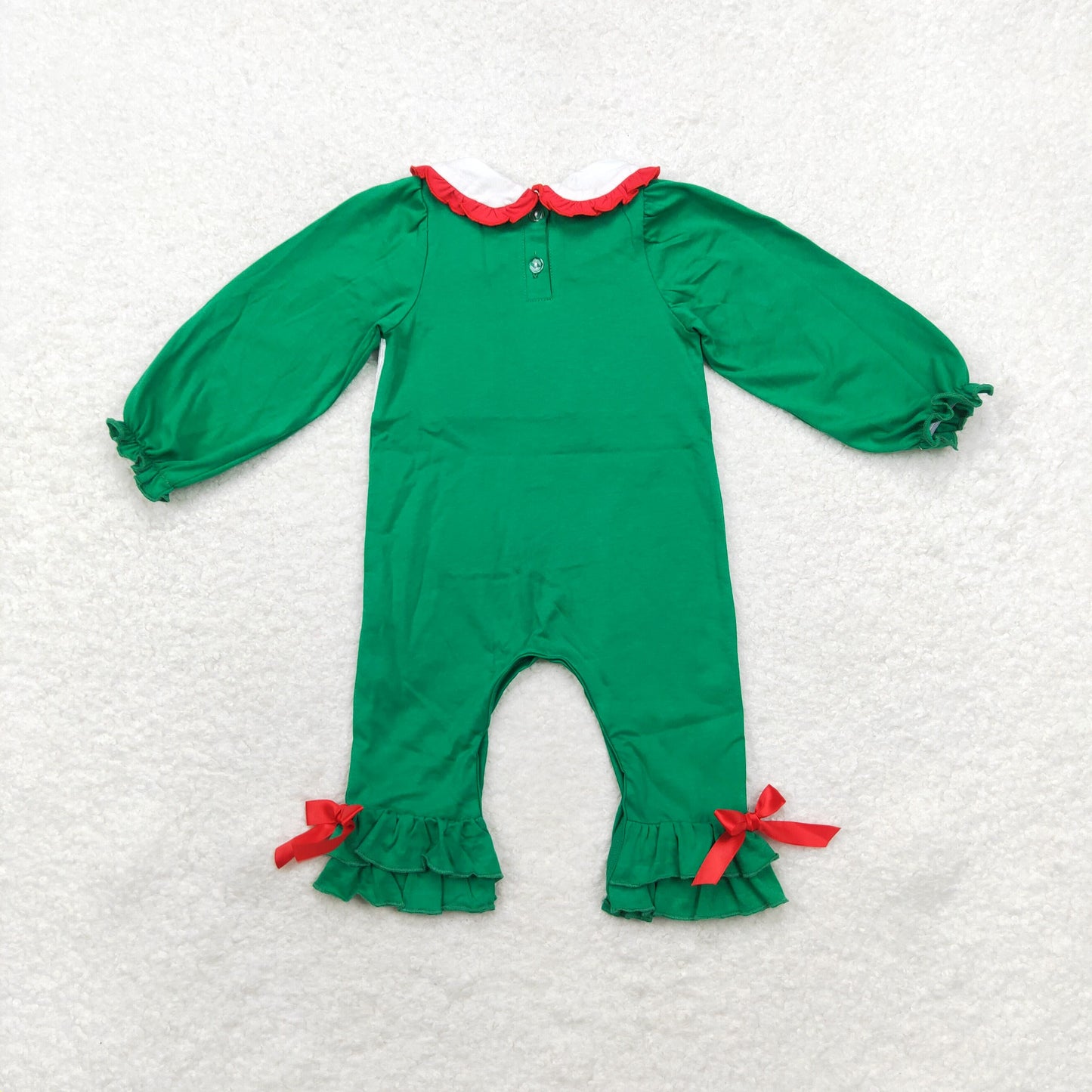 LR1119 smocked Christmas green tree girl romper 202408 sibling RTS