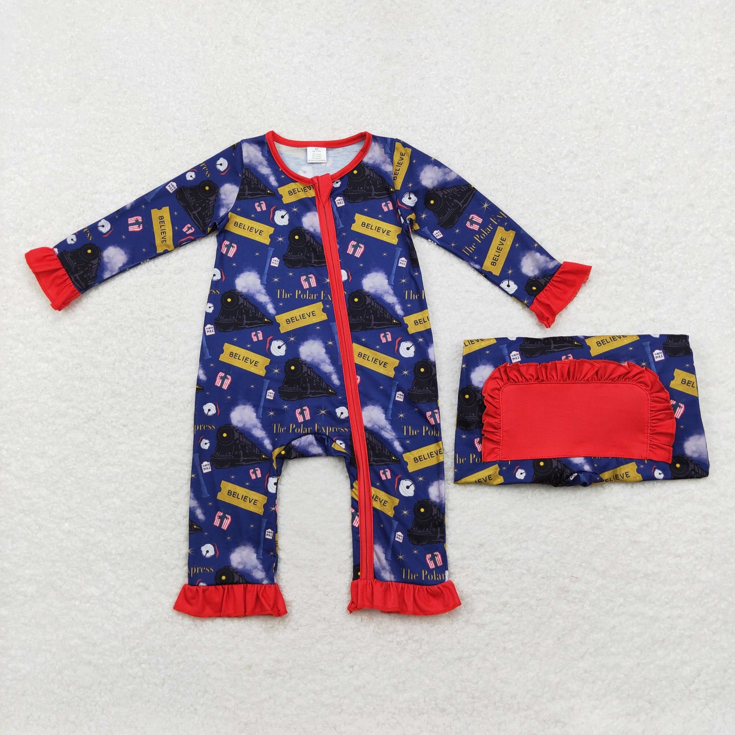 LR1132 Bamboo Christmas believe train girl romper 202407 sibling rts