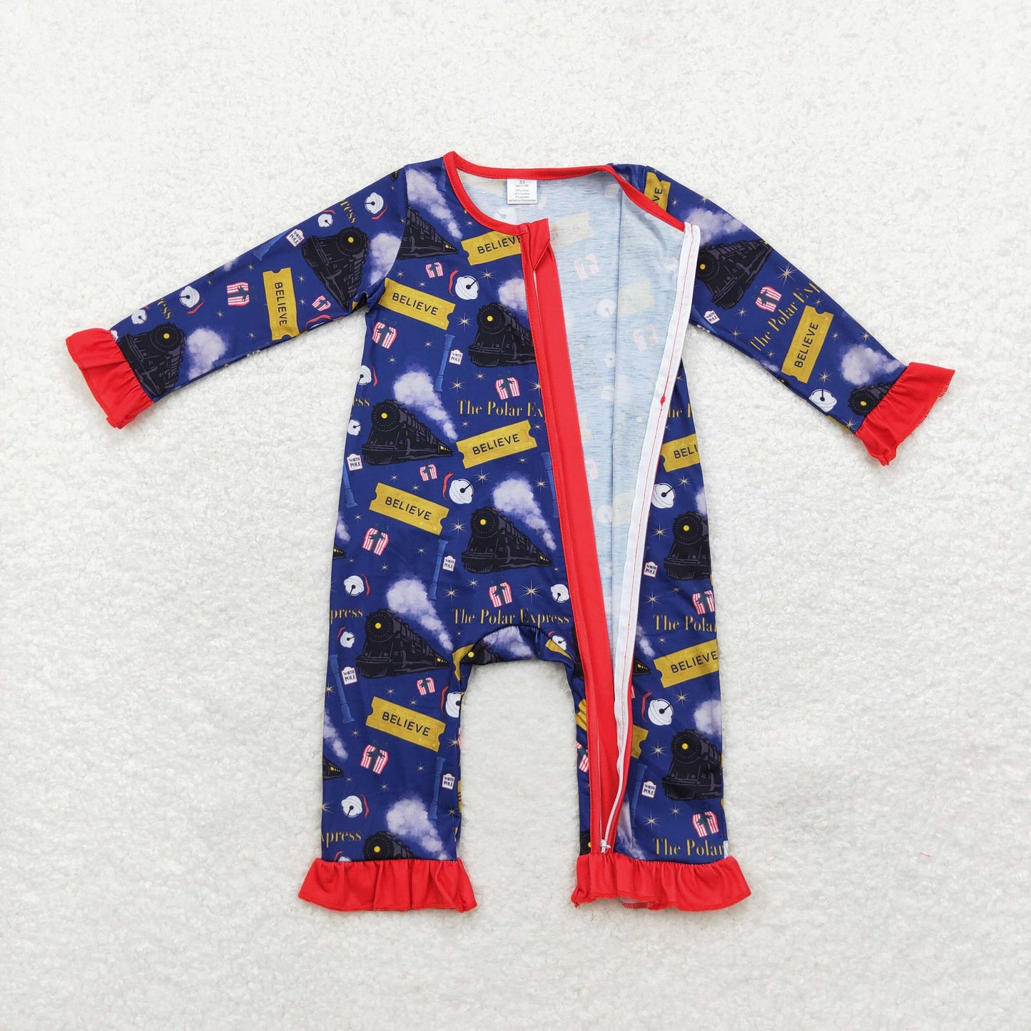 LR1132 Bamboo Christmas believe train girl romper 202407 sibling rts
