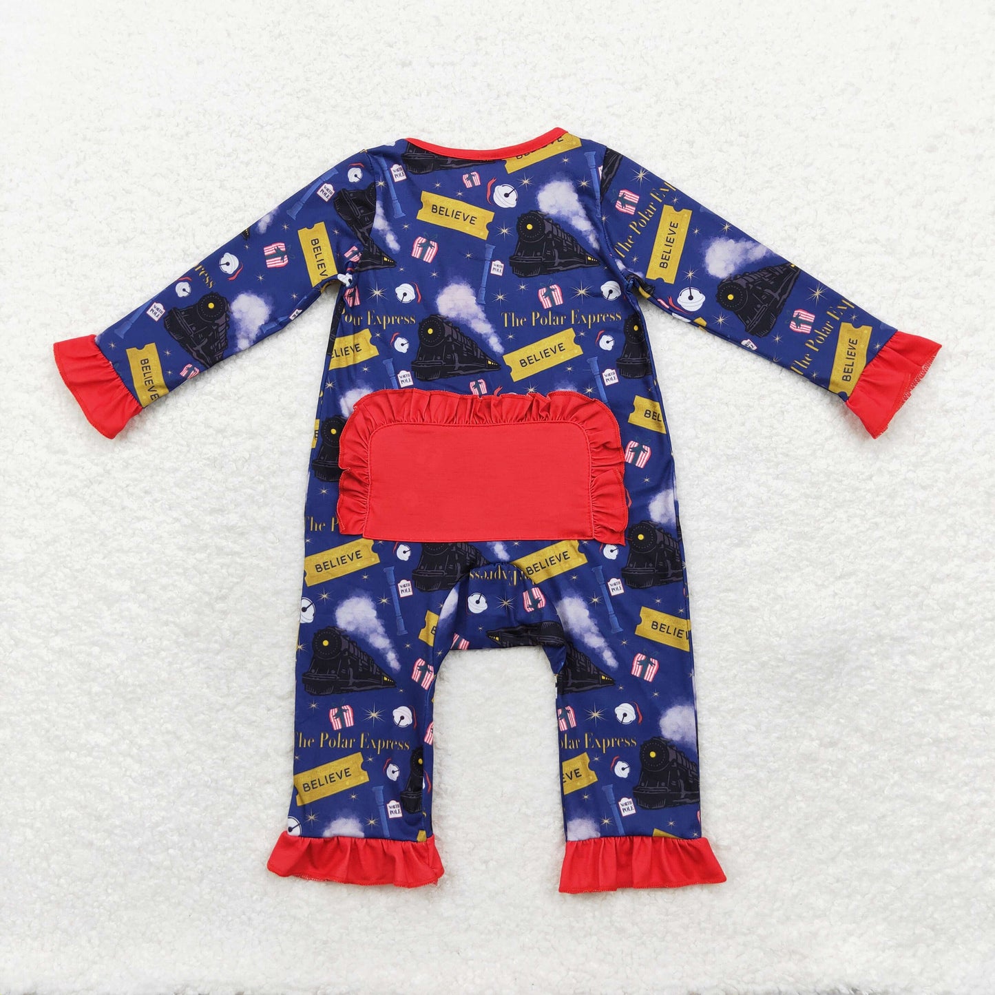 LR1132 Bamboo Christmas believe train girl romper 202407 sibling rts