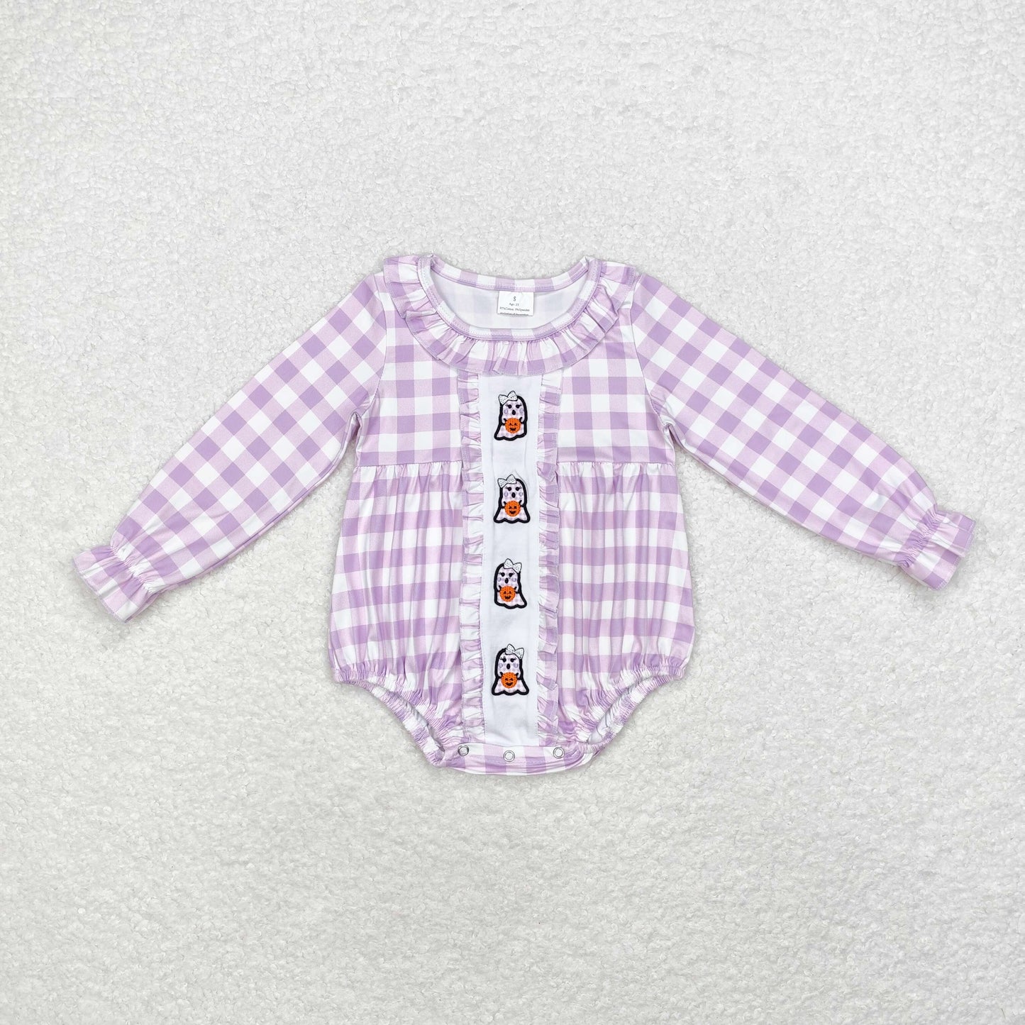LR1299 boo pumpkin embroidery sibling purple plaid girl romper 202408 RTS