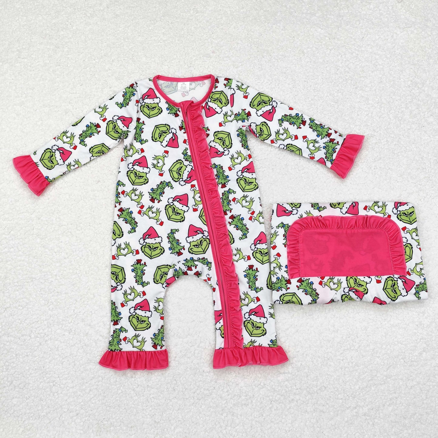 LR1337 BAMBOO sibling Grinch Christmas girl romper 202409 RTS