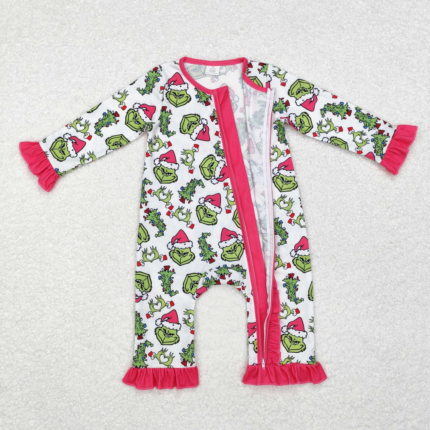 LR1337 BAMBOO sibling Grinch Christmas girl romper 202409 RTS