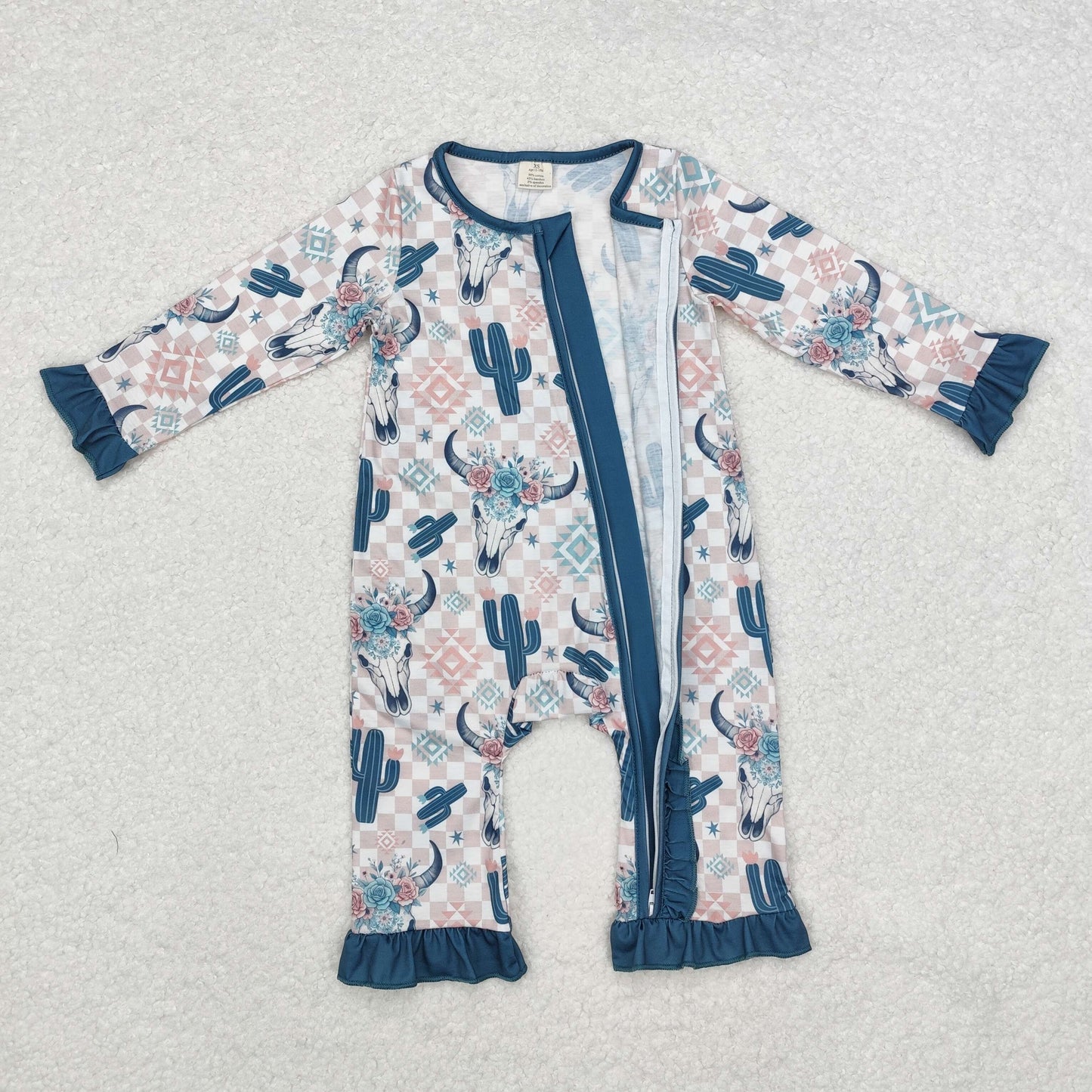 BAMBOO sibling LR1446 flower cow ruffle girl romper 202409 RTS