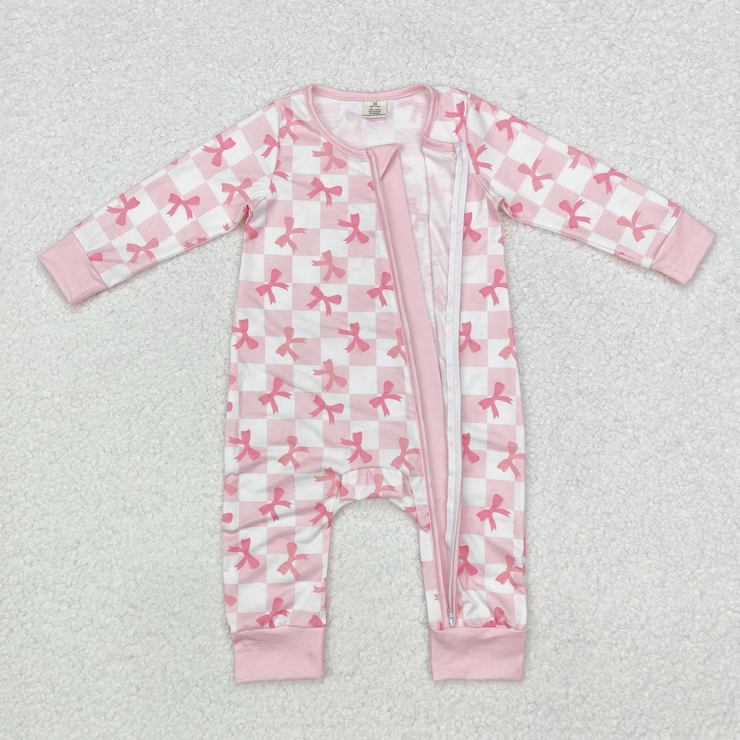 LR1607 Bamboo bow pink sibling girl romper 202411 RTS