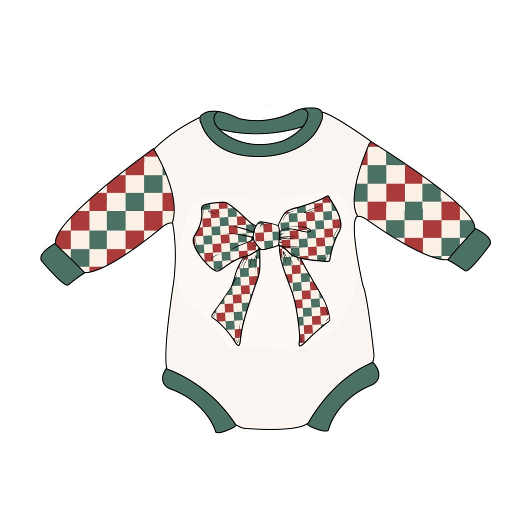 LR1987 preorder Christmas bow checkerboard girl romper jumpsuit overall 202409