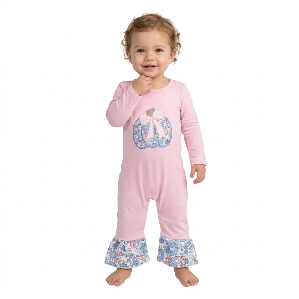 NO MOQ RTS LR3021-embroidery Pink Pumpkin Romper Floral Ruffle Hem Baby Outfit